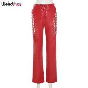 High Waist Pants Women Chic Hollow Out Bandage Sexy Summer Trend Leather